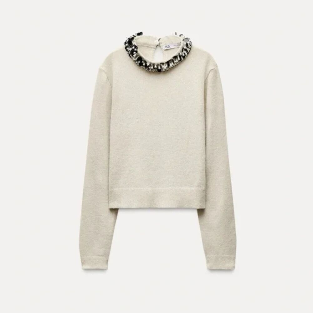 Cream Zara Embellished Round Neckline Long Sleeve Pullover Knit Sweater (NWT)